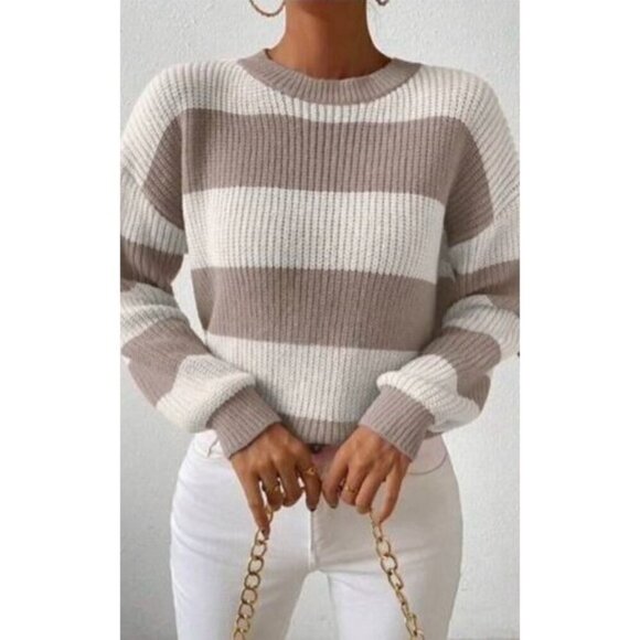 Round Neck  Color Block Drop Shoulder Pullover - Picture 2 of 5